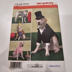 Simplicity 2519 Dog Costume Sewing Pattern - Tuxedo, Bunny, Clown, Prisoner - L